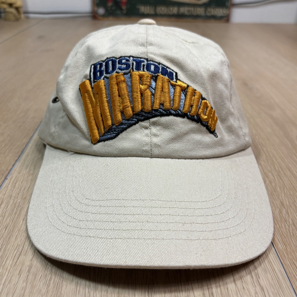 Vintage Boston Marathon Hat Beige Cotton Adjustable Strap Baseball Sportsman Cap